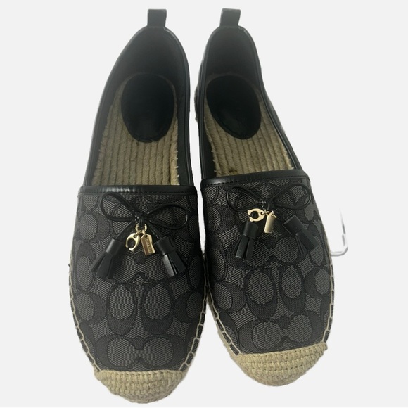 Coach Black Espadrille Flats Leather Tie Logo Resort Summer Coastal US 6 - Picture 1 of 8